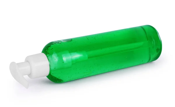 Beyaz zemin üzerine yeşil sıvı sabun ile plastik şişe — Stok fotoğraf