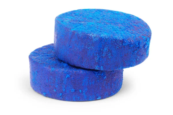 Azul soluble inodoro cisterna limpieza bloques estudio aislado —  Fotos de Stock