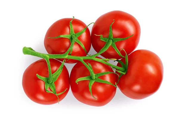 Trois tomates fraîches aux feuilles vertes isolées sur fond blanc — Photo