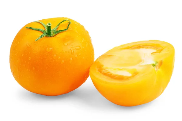 与黄色番茄辣椒滴在白色的背景 — 图库照片