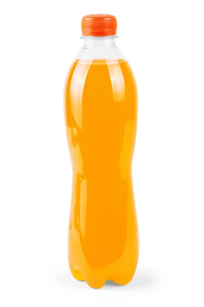 Mała plastikowa butelka napoju pomarańczowego izolowana na białym — Zdjęcie stockowe