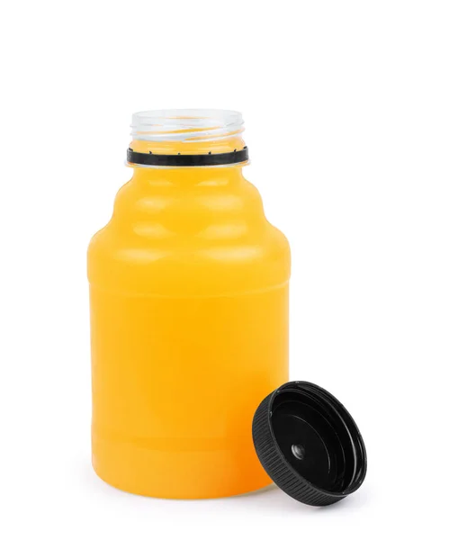 Frasco de suco de laranja de plástico isolado sobre fundo branco — Fotografia de Stock