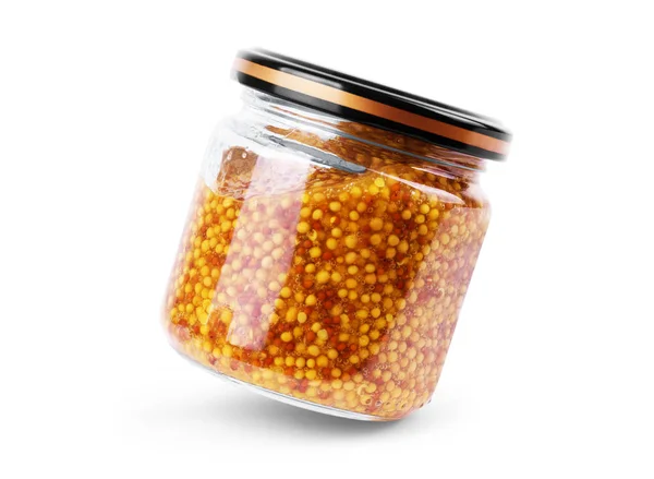 Glass jar of Bavarian sweet mustard with mustard seed and carame — Stock Photo, Image