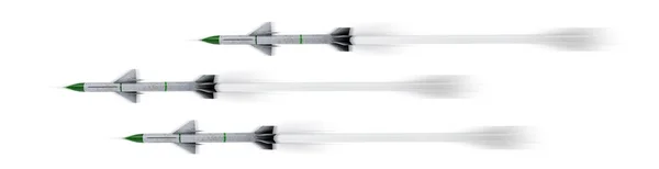 Míssil de dois estágios, foguete com barbatanas em fundo branco illus 3D — Fotografia de Stock