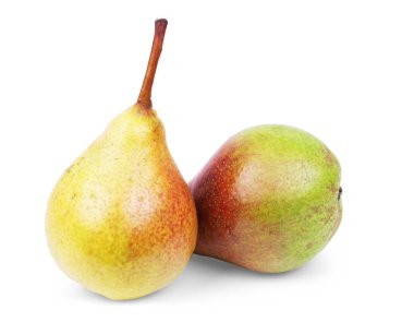 Yaprak üzerinde beyaz izole Kırmızı Sarı armut meyve