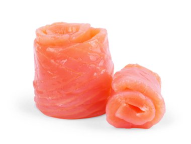 Biberiye beyaz zemin üzerine kırmızı balık iki dilim. Clo