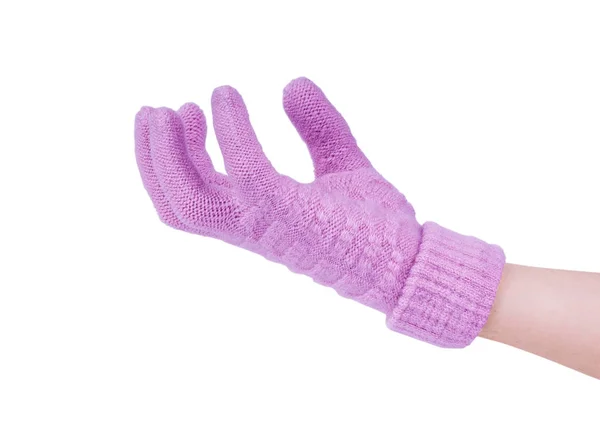 Light pink knitted hand glove wore by left lady dark yellow hand — Stock Photo, Image
