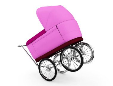 Beyaz arka plan üzerinde izole retro bebek arabası. Çocuk için. 3D re