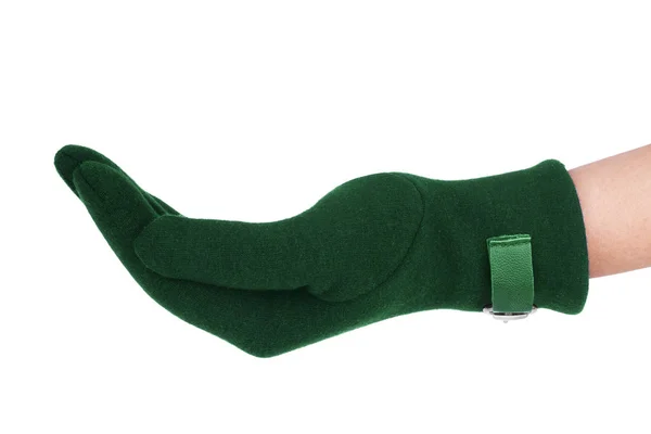 Green knitted hand glove wore by left lady dark yellow hand, til — Stock Photo, Image