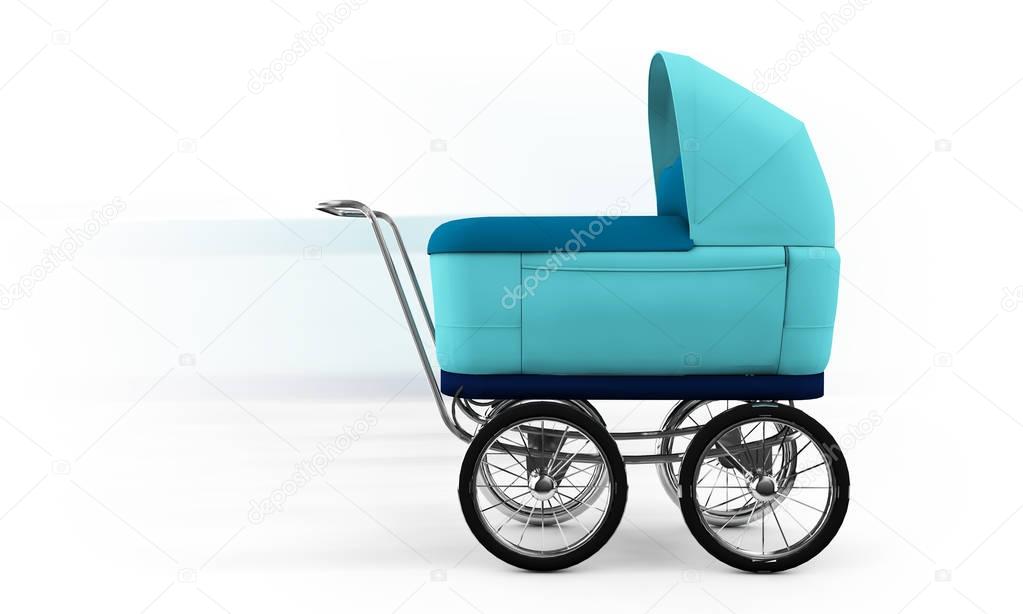 Retro baby stroller isolated on white background. For boy. 3d re