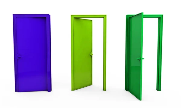 3D render jelenet három színes ajtók a falon, mint koncepció — Stock Fotó