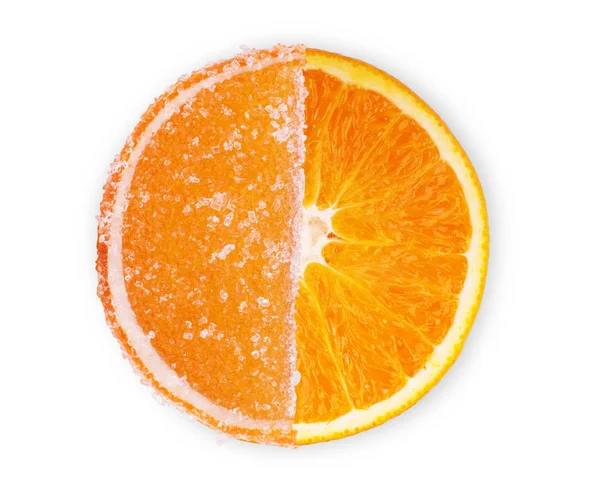 Scheibe frischer Orange isoliert auf weißem Hintergrund Gelee Bonbons — Stockfoto