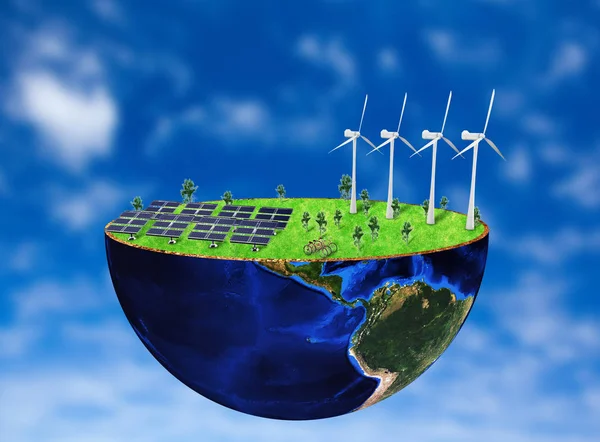 Concepto ecológico. 3D render. Ciudad de energía solar, energía eólica. Guardar el —  Fotos de Stock