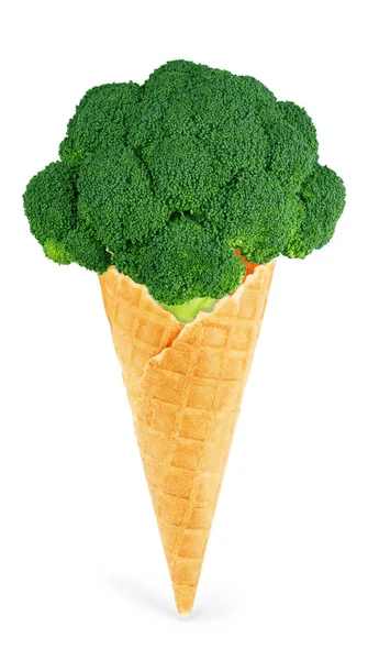 Healthy ice cream. Ice cream cone with a piece of broccoli on wh — Stock Photo, Image