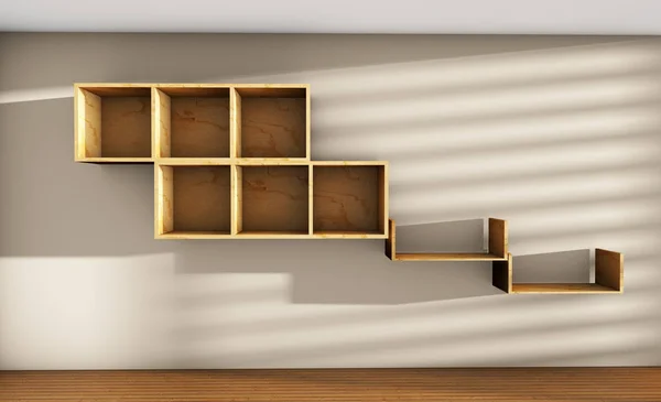 3d renderização três prateleiras de madeira no fundo da parede — Fotografia de Stock