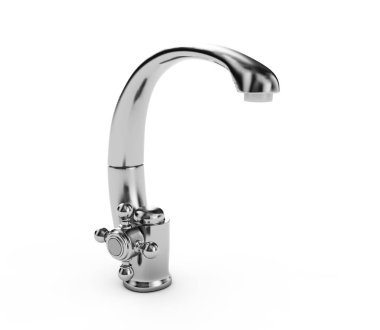 Krom musluk üzerinde beyaz 3d illüstrasyon izole bir su akışı ile