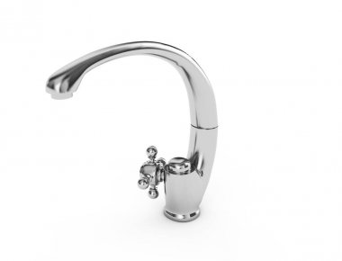 Krom musluk üzerinde beyaz 3d illüstrasyon izole bir su akışı ile