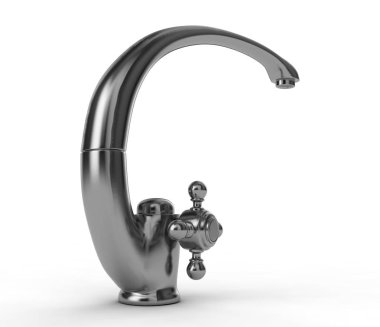 Krom musluk üzerinde beyaz 3d illüstrasyon izole bir su akışı ile