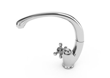 Krom musluk üzerinde beyaz 3d illüstrasyon izole bir su akışı ile