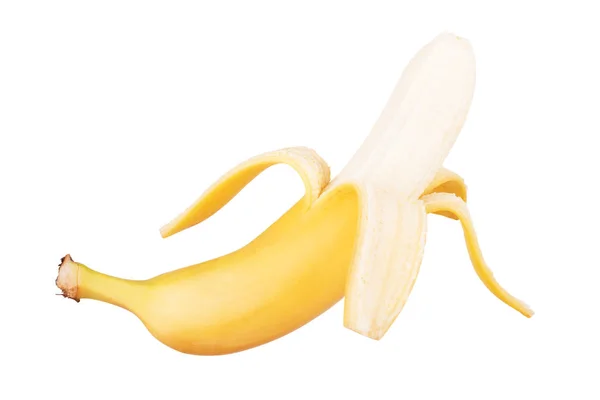 Banana meio descascada, Banana aberta isolada em um fundo branco. — Fotografia de Stock