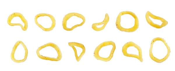 Conjunto de aros de maíz de cebolla snacks sobre fondo blanco — Foto de Stock