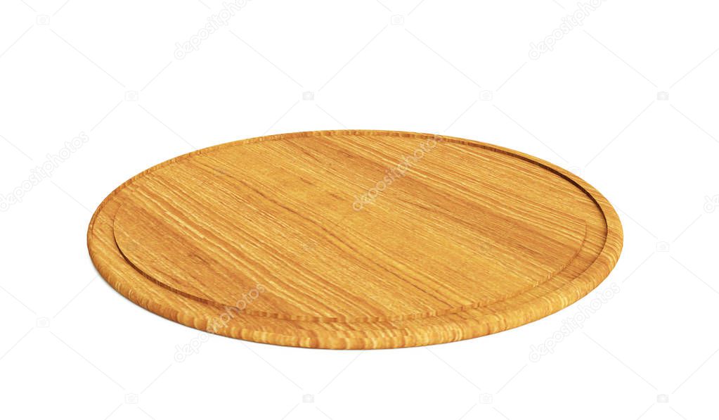 Round wooden pizza board without handle, isolated on white backg