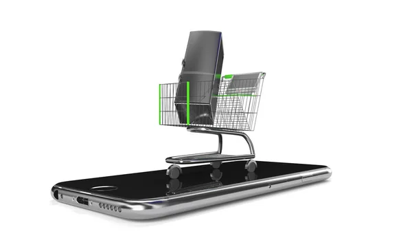 Smart Phone with Shopping Basket Isolated. 3D render — Stock Photo, Image