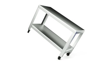 Üç boyutlu kahve sehpası, beyaz arka planda izole edilmiş tekerlekler üzerinde.