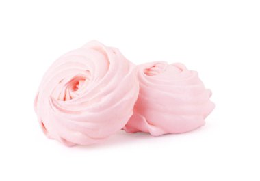 Meringue cookie isolated. Sweet crispy pink twisted meringue on 