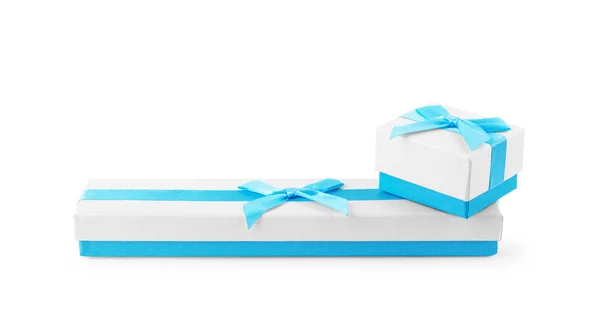 Caixa Presente Decorativa Com Laço Azul Fita Longa — Fotografia de Stock