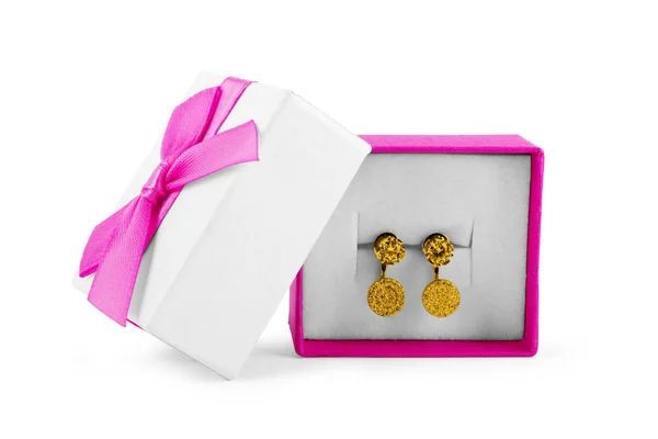 Elegante Geschenkschachtel Mit Perlenohrringen Goldenes Accessoire Türkisfarbener Geschenkbox Schönes Geschenk — Stockfoto