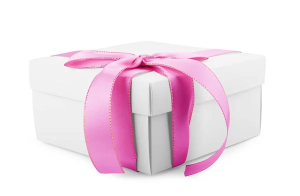 Caja Regalo Cuadrada Blanca Con Cinta Arco Aislados Fondo — Foto de Stock