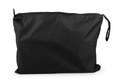 Siyah kumaş çanta beyaz arka plan üzerinde izole. Tasarımınız için bez çanta. Geri dönüştürülmüş malzeme. Kırpma yolları nesnesi.