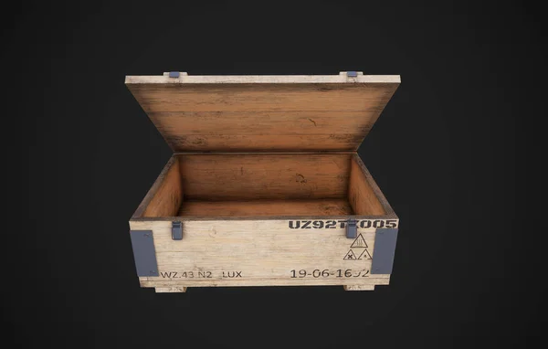 グレーの背景に爆発的な軍事用の箱 3Dイラスト — ストック写真