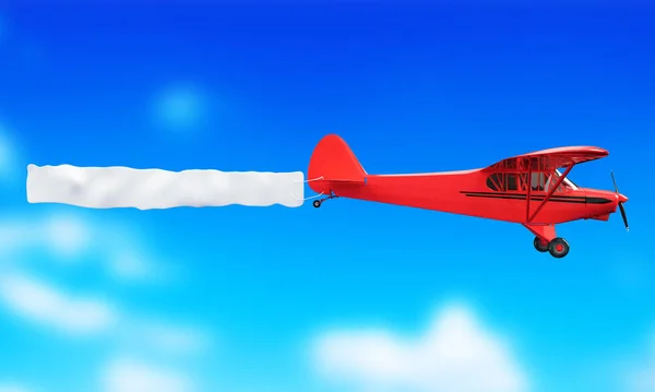 Flying airplane and banner on blue sky. 3D illustration