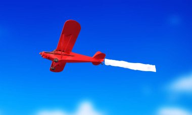 Mavi gökyüzünde uçan uçak ve bayrak. 3B illüstrasyon