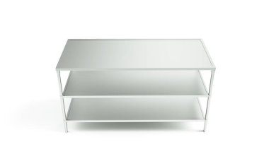 Beyaz arkaplanda izole edilmiş boş metal rafların 3D görüntülenmesi. Endüstriyel depolar. Paketleme ve depolama. Dijital sanat.