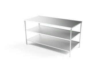 Beyaz arkaplanda izole edilmiş boş metal rafların 3D görüntülenmesi. Endüstriyel depolar. Paketleme ve depolama. Dijital sanat.