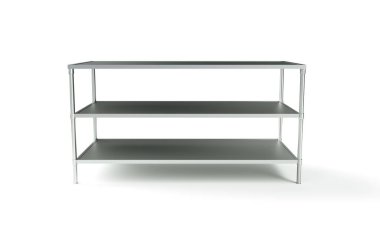 Beyaz arkaplanda izole edilmiş boş metal rafların 3D görüntülenmesi. Endüstriyel depolar. Paketleme ve depolama. Dijital sanat.