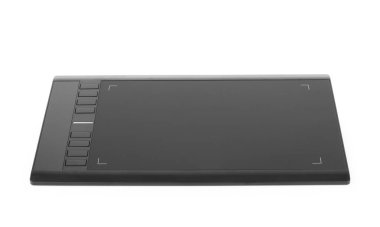 Grafik tableti beyaz zemin üzerinde izole edilmiş, çizer ve tasarımcılar için kalem ile