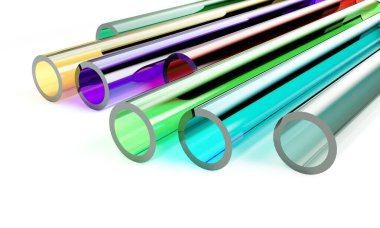 Beyaz zemin üzerinde izole edilmiş şeffaf akrilik plastik tüpler ve seçici odak efekti 3d görüntüsü