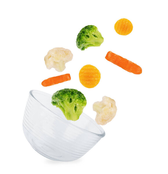Glass dish on a white background, isolated Pile of frozen vegetables 