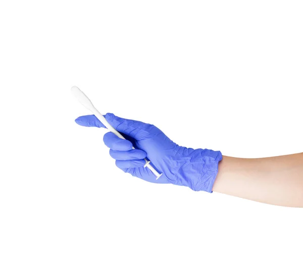 Comprimido Com Aplicador Mão Uma Enfermeira Sobre Fundo Branco — Fotografia de Stock