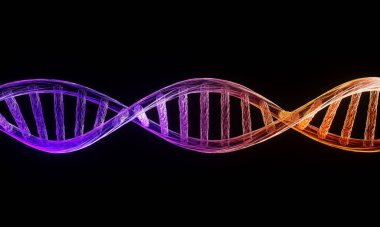 Beyaz arkaplanda izole edilmiş DNA moleküllü biyokimya kavramı, 3D görüntüleme