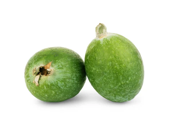 在白色的背景上孤立的绿果果 白色背景上的费乔亚水果 在白色背景上分离的热带水果Feijoa — 图库照片