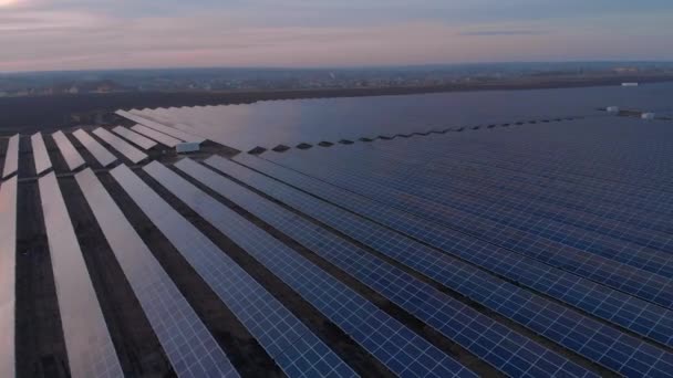 Aerial drone view into large solar panels at a solar farm at sunset. Solar cell power plants. footage video 4k. — Stock Video