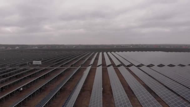 秋の曇りの日に太陽光発電所の大きな太陽光パネルを見下ろす空中ドローンの眺め 太陽電池発電所 映像ビデオ4K — ストック動画