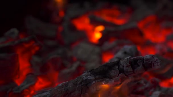 Закрыть Обзор Горящих Углей Помощью Огня Обжига Древесного Угля Камина — стоковое видео