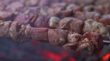 Açık hava barbeküsü için et pişiriyorum. Kömür ızgarasında domuz eti barbeküsü yakın. Kömürde barbekü yapmak..