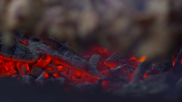 Close View Burning Coals Fire Glowing Charcoal Background Fireplace Bonfire — Stock Video